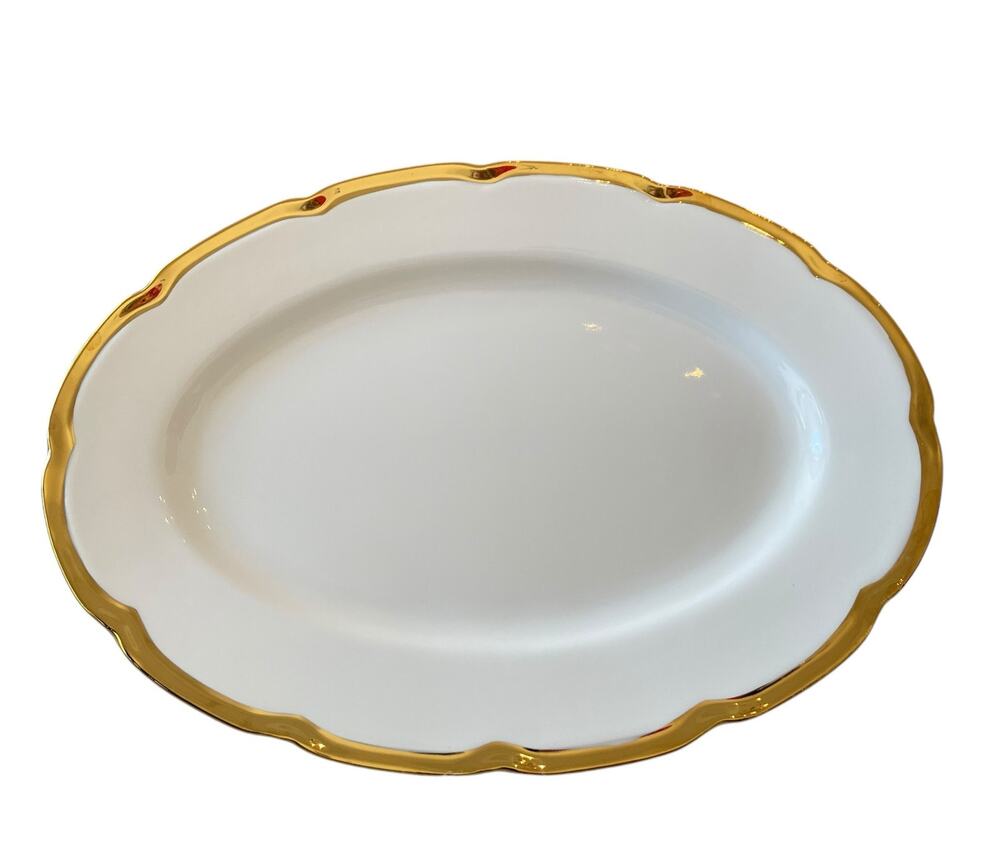 Yedi White Oval Serving Platter 14in Ceramic Gold Rim New